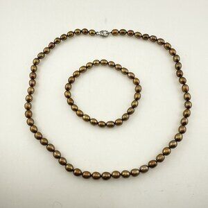 Honora Pearl Necklace Bracelet Set Oval Bronze Golden Brown Sterling Silver 925